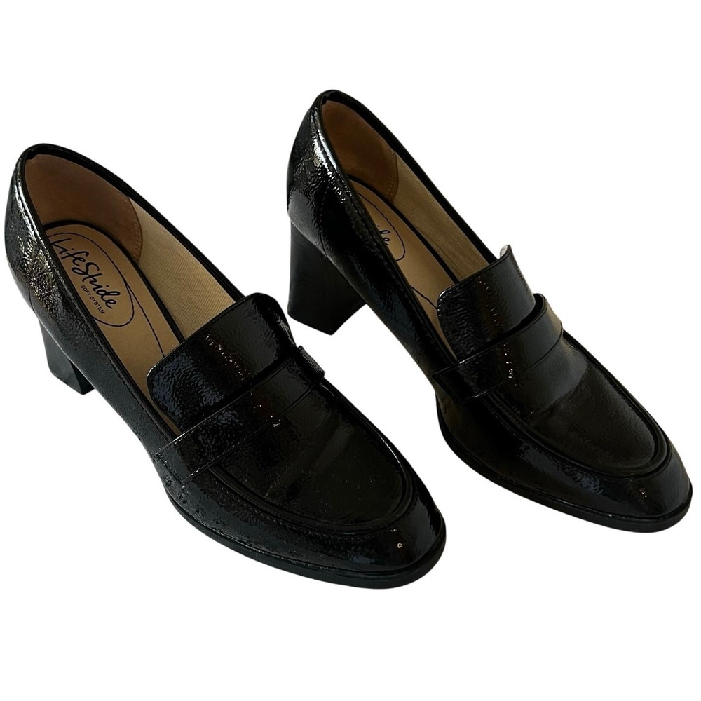LifeStride Farrah Black Crinkle Patent Heeled Loafers Womens 10M Block Heel Pump